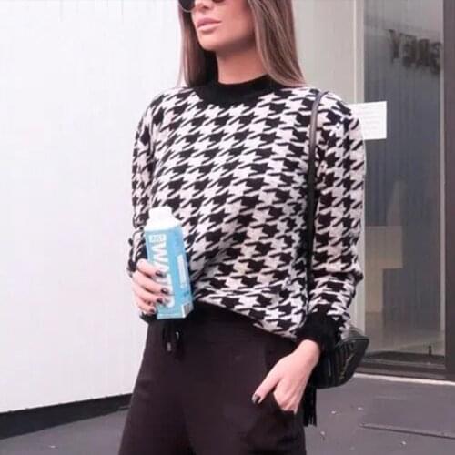 Fashion Retro Plaid Sweater Womens 2021 Autumn and Winter New Geometric Houndstooth Knitted Casual Pullover Top