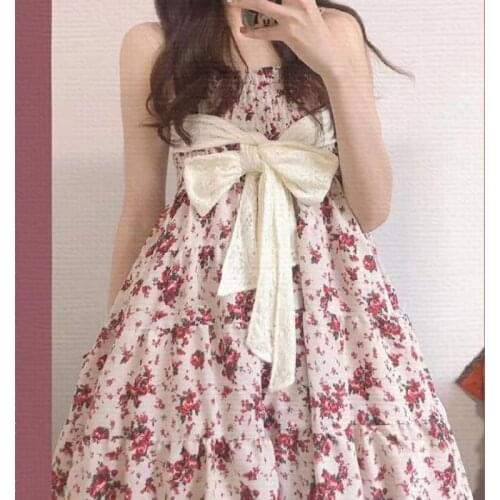 Sweet Kawaii Floral Strap Dress Women Cute French Fairy Tale Print Mini Dresses Japanese Pretty Bowknot Sashes Dress Summer 2021