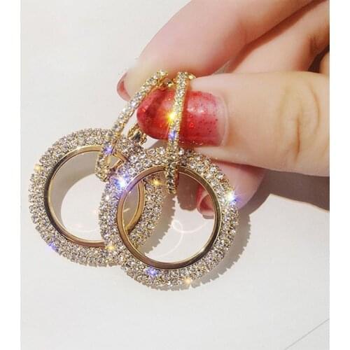 Gold Silver Color Rhinestone Earring Fashion Korean Style Big Round Drop Earrings Women Christmas Party Jewelry Gift