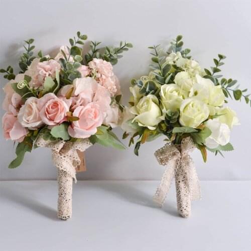 Wedding Bridal Bouquet Handmade Artificial Rose Eucalyptus Leaves Bridesmaid Holding Flowers for Party Home Table Decor Centerpi