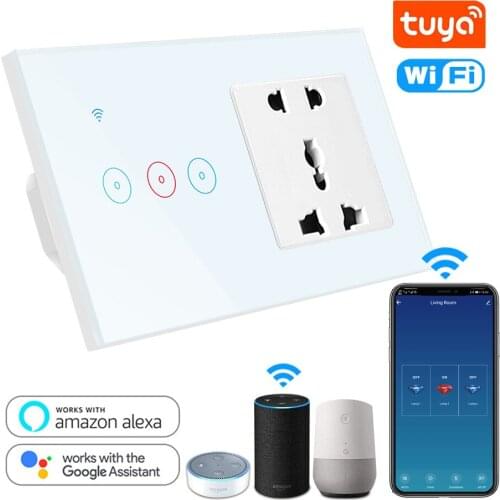 3 Gang WiFi Smart LED Light Switch 5 Hole Wall Touch Sensor Universal Socket Waterproof Voice Control Support Alexa Google Home
