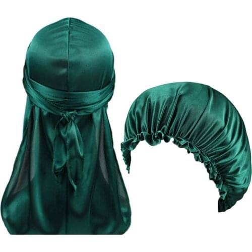 Unisex Durag and Bonnet Long Tail Straps Waves For men and Women Silky Headwrap Comfortable Sleeping Cap 2pcs one set