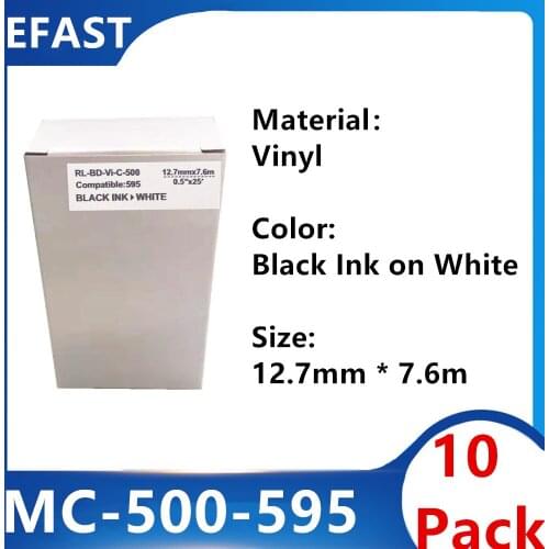 10 Pack MC 500 595 Vinyl Label Ribbon Black On white For BMP-41 BMP-51 BMP-53 PC Linked Printer 12.7mm * 7.6m