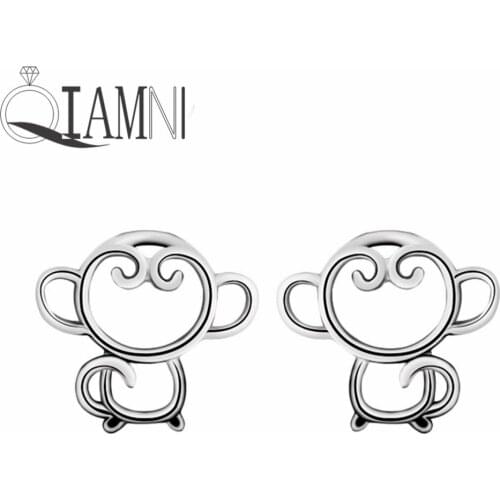 QIAMNI 925 Sterling silver color Lovely Zodiac Animal Cartoon Monkey Stud Earring For Women Men Birthday Gift Pendientes Brincos