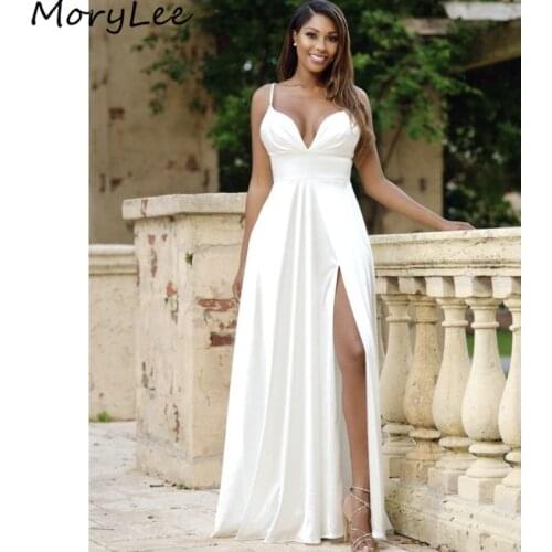 Prom Dresses V-Neck Spaghetti Straps A-Line Side Slit Silk Satin Pleated Prom Dresses With Zipper vestidos de fiesta de noche