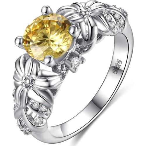 Flower Shape Rings for Women Yellow Zircon Dazzling Jewelry 925 Sliver Ring Bride Classic Wedding Engagement Jewelry Ring