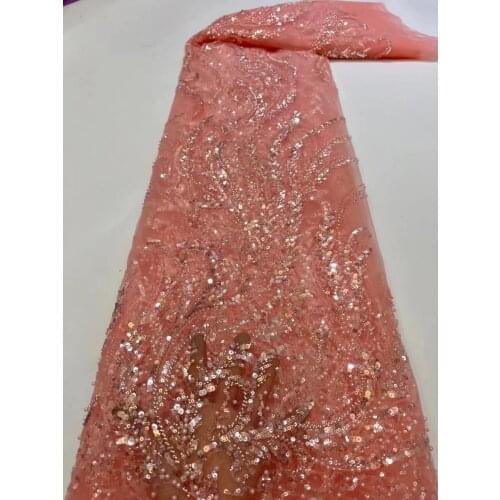 5yards/pc) Beaded sequins African wedding French net lace high quality peach tulle lace fabric with wonderful embroidery FXZ108