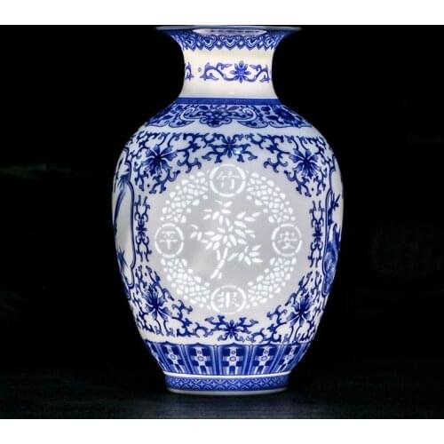 Chinese Style Hollow Vase Ceramic Ornament Living Room Dry Flower Creative Blue And White Porcelain Vase Flower Craft