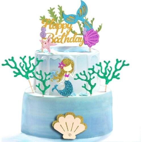 Glitter Mermaid Cake Topper with Seaweed Mermaid Cake Cupcake Toppers for Girls Cake Party Decorations