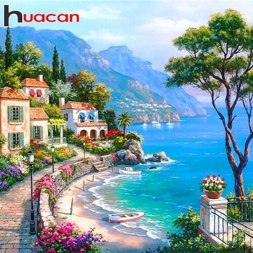 Huacan 5D DIY Diamond Painting House Full Square/Round Seaside Diamond Embroidery Mosaic Landscape Home Decoration
