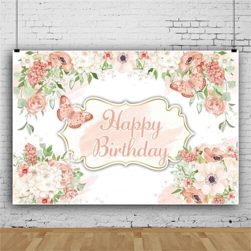 Laeacco Pink Butterfly Flowers Happy Birthday Party Customized Banner Poster Baby Child Photography Background Photo Backdrop