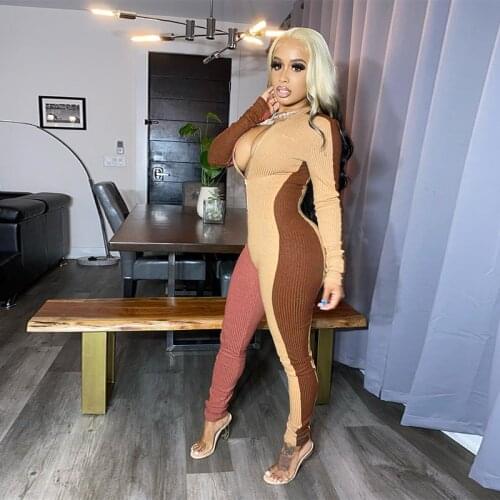 Patchwork Sporty Fitness Zipper Long Jumpsuits Casual Workout Long Sleeve Bodycon Rompers Womens Jumpsuit Active Wear