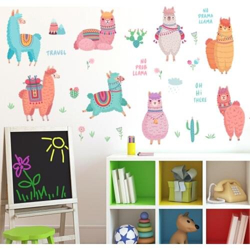 Cartoon Animal Wall Sticker for Kids Room Decor DIY Self-adhesive Wallpaper Living Room Bedroom Decoration Alpaca Wallstickers
