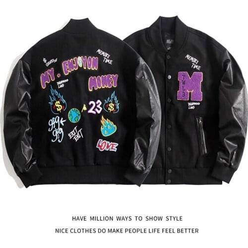 New Arrival Spring Autumn Patchwork Black Graphic Embroidery Men Baseball Bomber Letterman Jacket Unisex Women Varsity Stadium