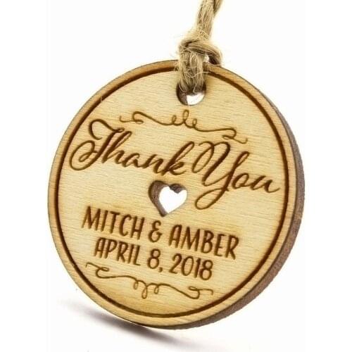 Personalized mini round wooden wedding gift tag, custom text name, wood tags