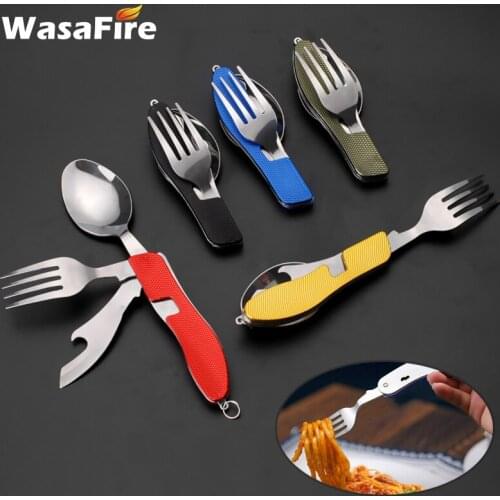 Portable Tablespoon Set 4 In 1 Foldable Spoon Knife Fork Bottle Opener Stainless Steel Folding Pocket Kits Outdoor Tableware Set