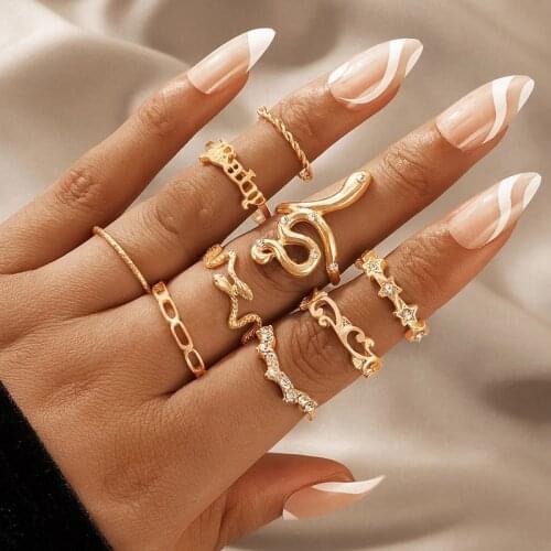 Tocona 10pcs/sets Bohemian Snake Gold Ring Sets for Women Charms Letter Star Clear Crystal Stone Wedding Ring Jewelry 19637