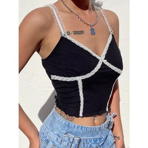 Spaghetti Strap V Neck Cropped Women Tops Camis Fashion Lace Patchwork Summer Sexy Top Y2K Backless Clothes Crop Top