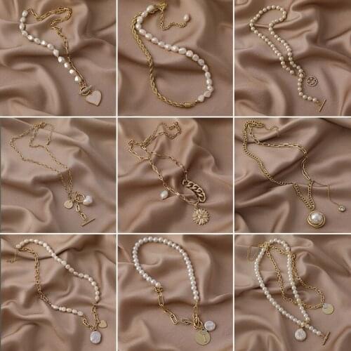 U-Magical Asymmetry Queen Portrait Heart Bowknot Toggle Clasp Pendant Necklace for Women Beaded Genuine Pearl Necklace Jewelry