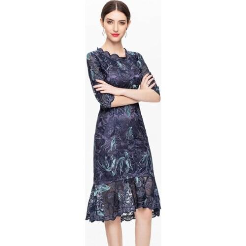 Runway Vintage Trumpet Fashion Designer Nevy Blue Flower Embroidery Wine Plus Size XXXL Irregular Dress