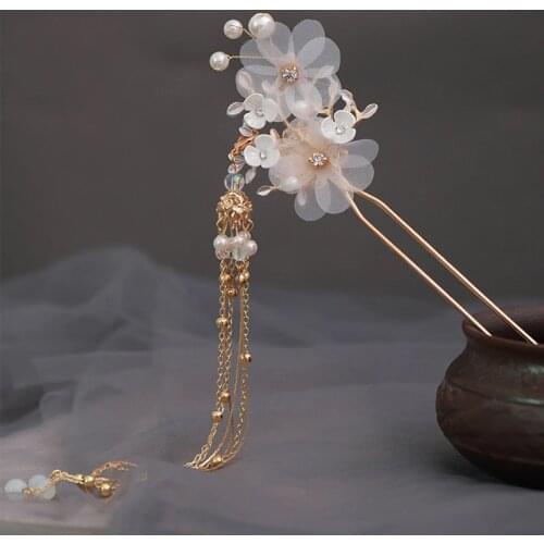 FORSEVEN Traditional Flowers Crystal Beads Simulated Pearls Long Tassel Hair Stick Hairpins Ancient Chinese Bride Hair Jewelry