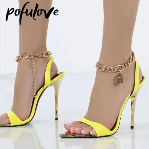 Pofulove Thin High Heels Women Shoes Summer Fahsion Designer Shoes Retro Chain Ankle Strap Open Toe Sandals Party Wedding Heels