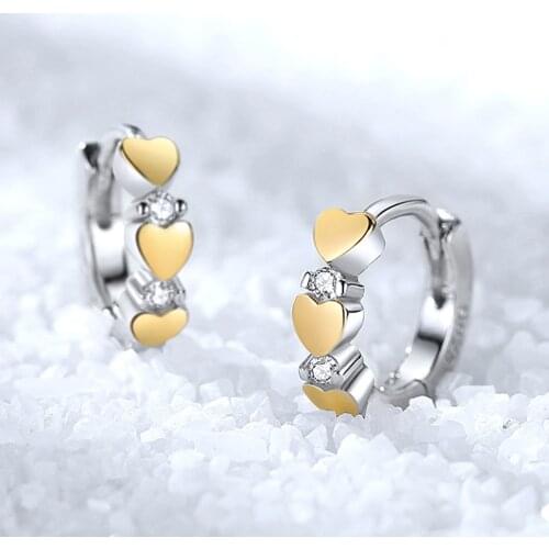 Womens Fashion Two Tone Hoop Earrings Three Golden Heart Dazzling Small Huggies Tiny Hoops Charming Earring Piercing Jewelry