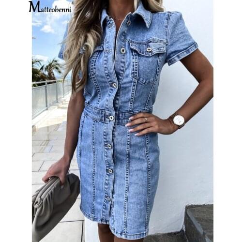 Autumn Women Short Sleeve Button Up Knee Length Pencil Denim Dress Vintage Sexy Casual Bodycon Midi Jeans Dresses Streetwear