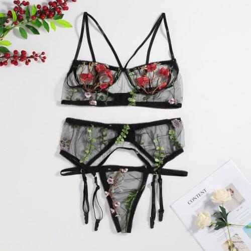 Lingerie Feminina Sensual Renda Transparent Flower Embroidery Bra G-String Thong Sleepwear Underwear Women High Weist Garter