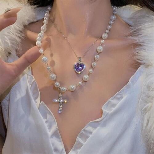 Luxury Pearl Chain Shiny Rhinestone Cross Pendant Necklace Purple Crystal Love Heart Womens Necklace Jewelry Accessories Gift