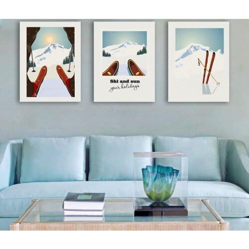 Winter Sports Skiing Art Poster Canvas Painting , Vintage Travel Poster Ski In Snow Mountain Print Winter Home Decor