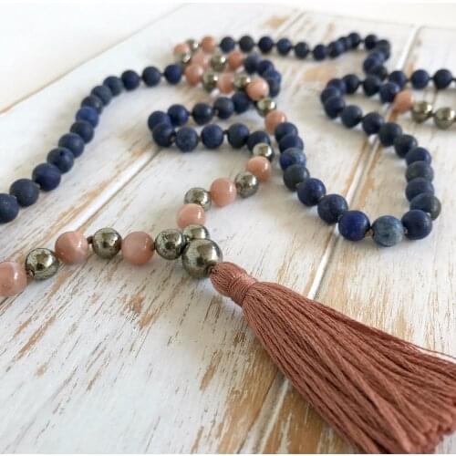 108 Mala Bead Necklace Pyrite Matte lapis lazuli Necklace Hand Knotted Prayer Yoga Tassel Necklaces Meditation Mala Necklaces