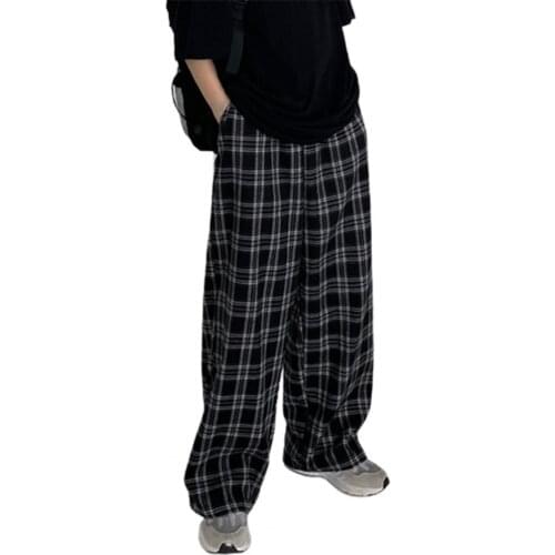 Autumn Women Pants High Waist Plaid Wide Leg Pockets Pants Summer Elastic Waist Straight Trousers Streetwear