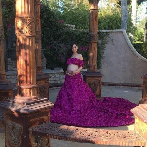 Elegant Fashion Two Pieces Maternity Dress for Photoshoot Hand Made Flowers Robe Rose Pink Pregnant Women Summer Party Gown