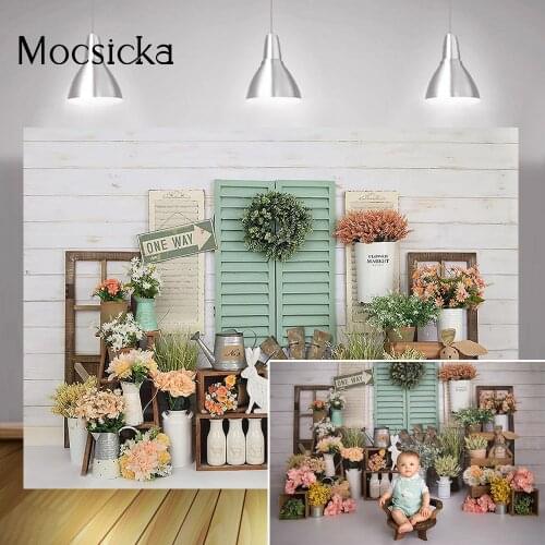 Spring Flower Market Photography Backdrop Floral Rose Easter Rabbit Baby Portrait Background Green Grass Wood Board Photocall