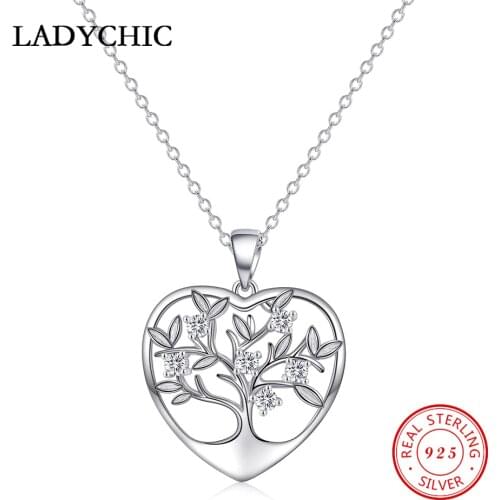 LADYCHIC Classic 925 Sterling Silver Tree of Life Round Pendant for Women Mom Clear CZ Statement Necklace Fine Jewelry LNS1041