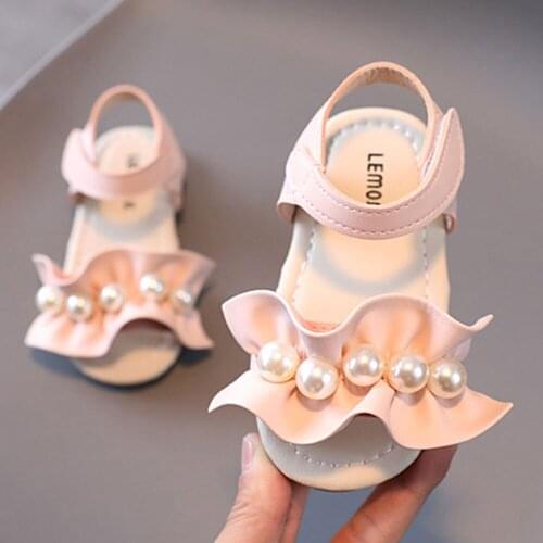 Baby Girls Summer Sandals Beading Ruffle Flower Girls Flats Shoes Casual Toddler Girl Pink Princess Shoes Soft Leather 24months