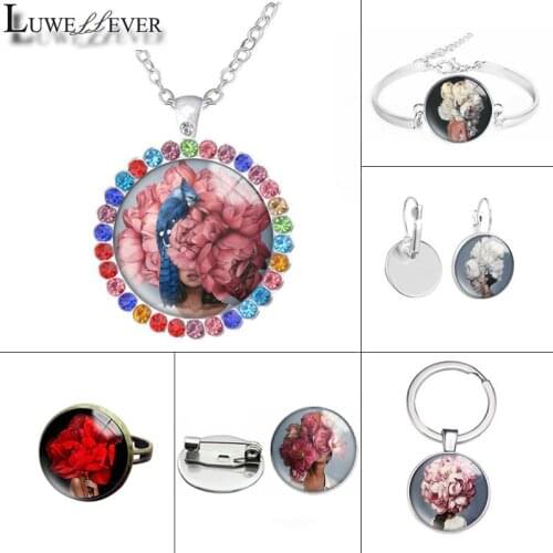 New 590 Flower Woman Glass Necklace Bracelet 30mm 25mm Double Sided Round Glass Cabochon Jewelry For Unisex Charm Pendant