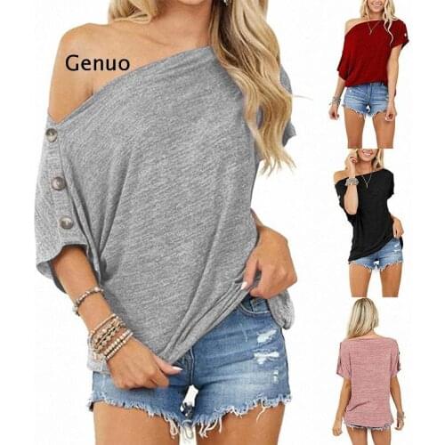 Fashion Womens Solid Color Off The Shoulder Button Short Sleeve Tops Plus Size Blouses S-3XL