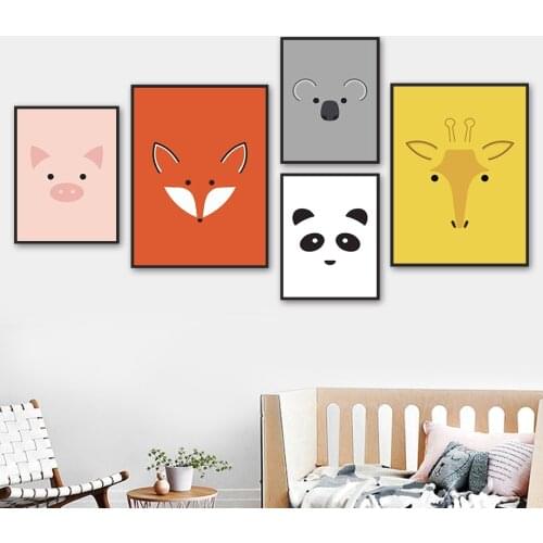 Panda Koala Giraffe Fox Pig Cartoon Animal Wall Art Canvas Painting Nordic Posters And Prints Wall Pictures Baby Kids Room Decor