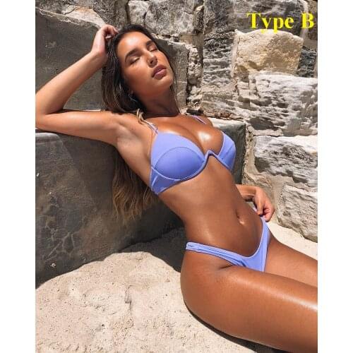 Two Piece Solid Color Push Up Swimwear Women 2Pcs Beach Swimsuit Adjustable Spaghetti Strap Underwire Bra Thong Bathing Suit