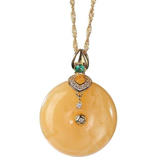 S925 sterling silver gold plated Natural Amber Beeswax Pendant Retro Coins Peace buckle Temperament Ladies Pendant