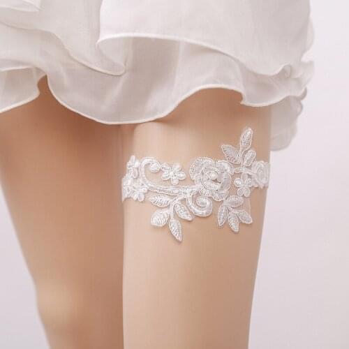Beading Wedding Garter White Embroidery Flower Sexy Garters for Women/Female/Bride Gauze Vogue Thigh Ring Bridal Leg Garter 5310