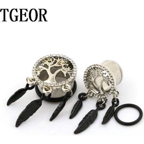 BODY JEWELRY 1pcs ear tunnels Stainless Steel dangle dream catcher rim crystals with tree Flesh Tunnel FREE shipping