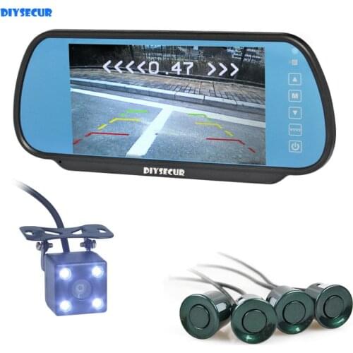 DIYSECUR Video Parking Radar 4 Sensors + 7" Build-in LCD Display Mirror Car Monitor + LED Color Night Vision Rear View Camera