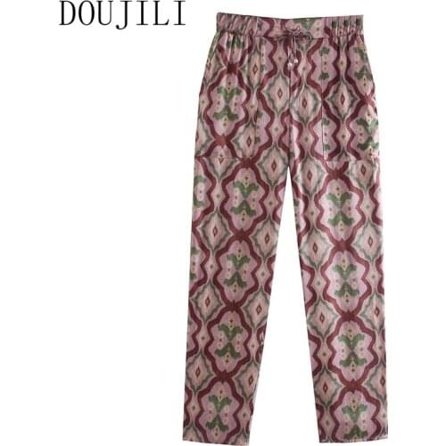 DOUJILI Vintage Pants Geometric Printing High Waist Long Leg Trousers Loose Soft Pants Women Wearing