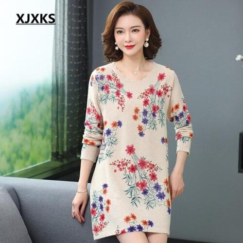 XJXKS 2020 Spring Midi Long Sweaters For Women New O-Neck Print Knitted Pullovers Lady 100% Wool High-end Casual Sweater