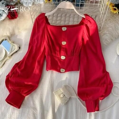 Spring Women Square Collar Wooden Buttons Lantern Sleeve Short Shirts Female Waist Elasticity Slim Strapless Sexy Pullover Tops