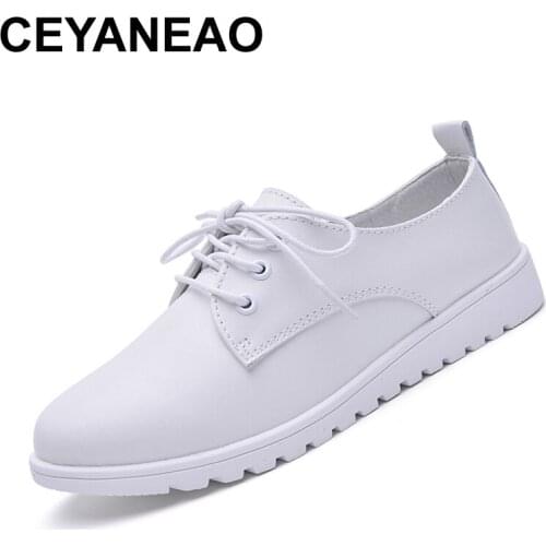 CEYANEAO New Women Leisure Concise Four seasons shoes woman genuine leather lace up sneaker Increased Internal Flats women shoes