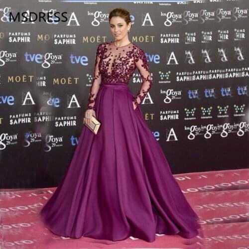 Women Purple Long Sleeve Evening Gowns Celebrity Dress Elegant Formal Long Dresses Satin A line Evening Dresses 2019